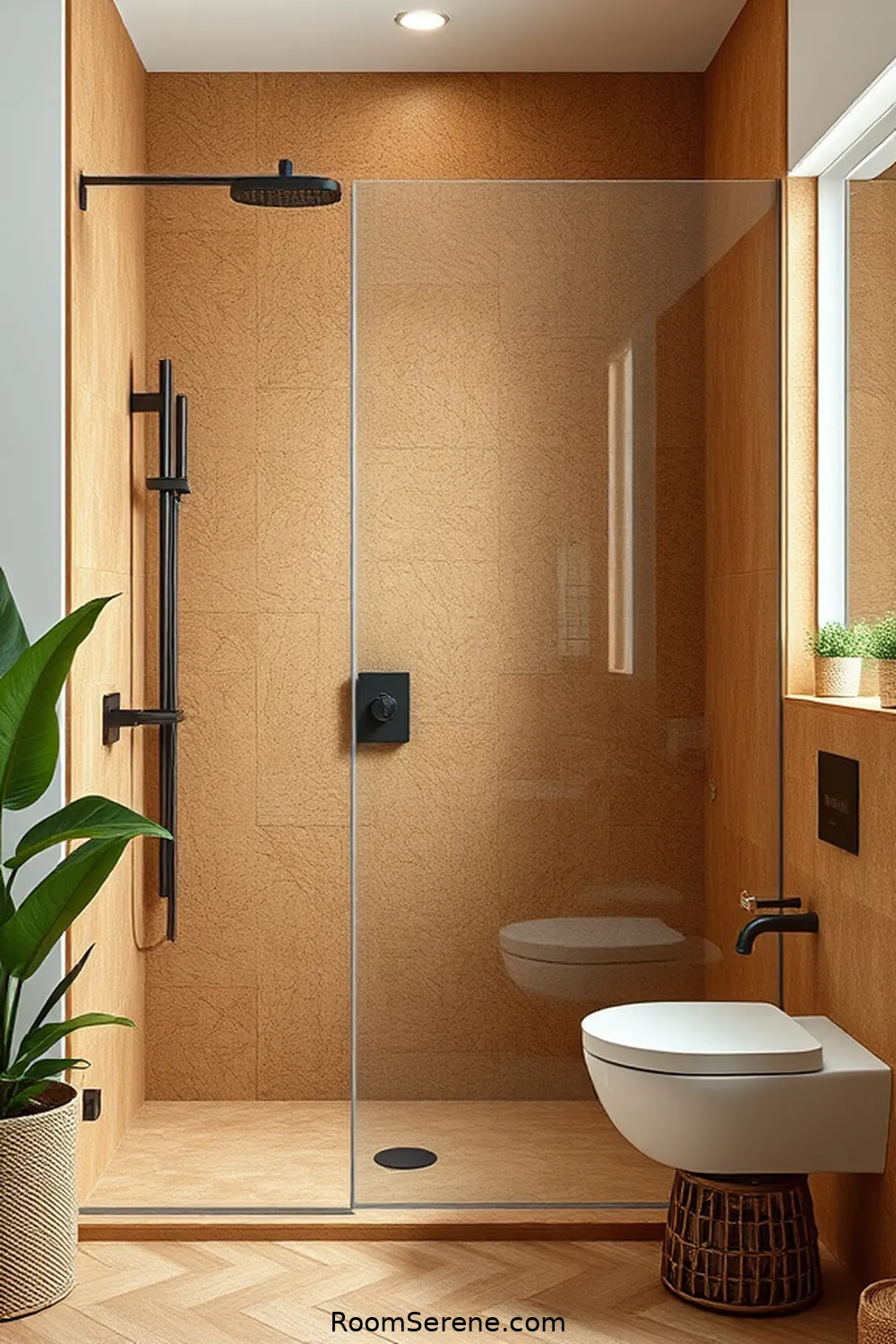Cork Shower Walls for a Natural Finish for 15 Creative Ways for Designing Multi-Use Bathroom Spaces Using Cork