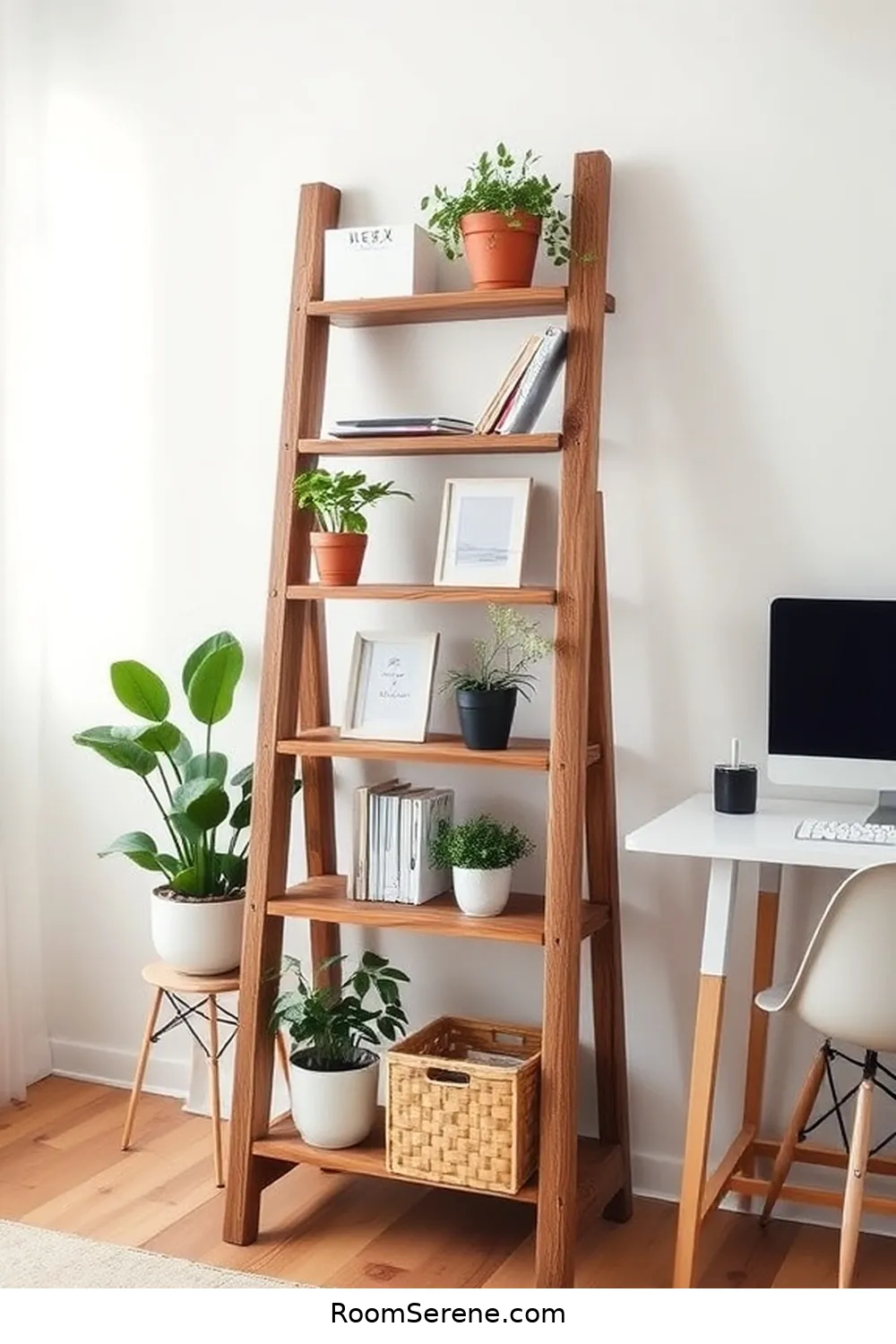 16 Sustainable Ways for Home Office Organization Using Recycled Wood 11 Vintage Ladder Shelf for 16 Sustainable Ways for Home Office Organization Using Recycled Wood