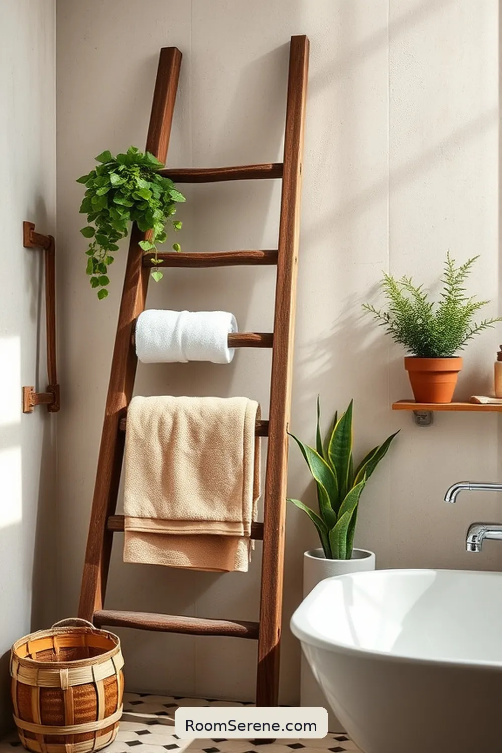 Vintage Wooden Ladder for Towels and Decor for 17 Creative Ways for Bathroom Organization Using Recycled Wood