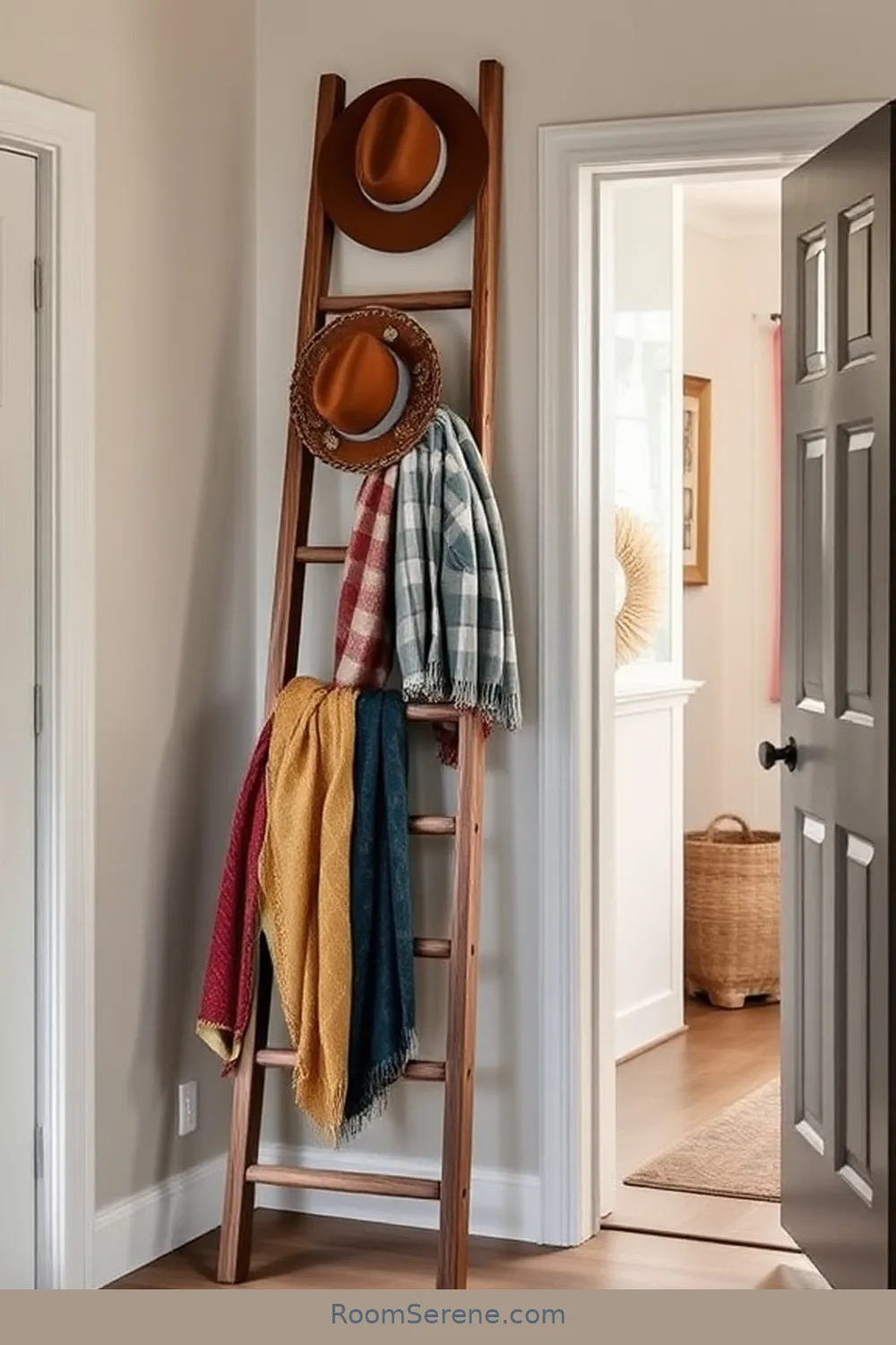 Rustic Ladder for Scarves and Hats for 18 Creative Storage Solutions for Entryway Using Reclaimed Materials