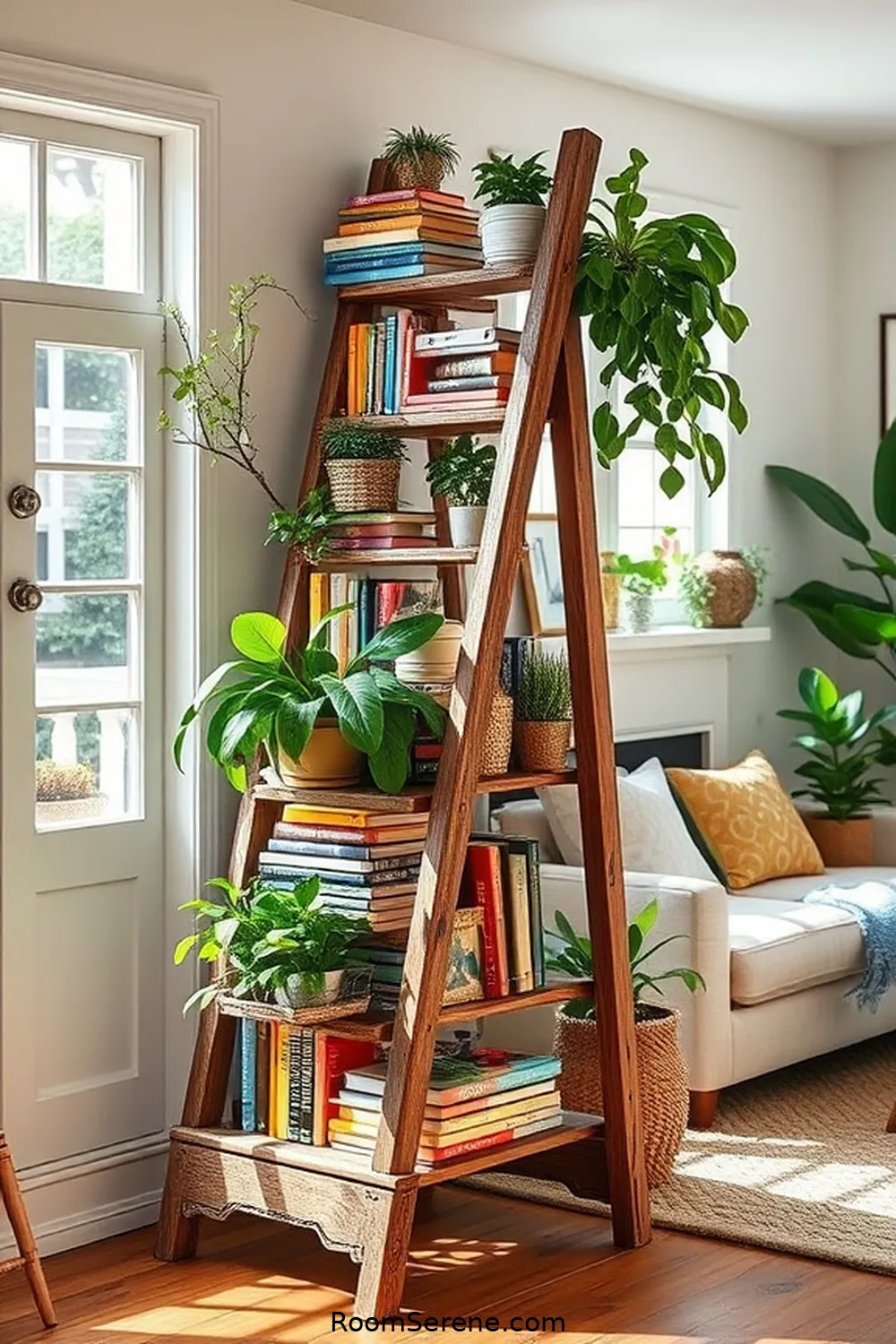 Wooden Ladder Book Display for 18 Creative Storage Solutions for Living Rooms Using Recycled Wood