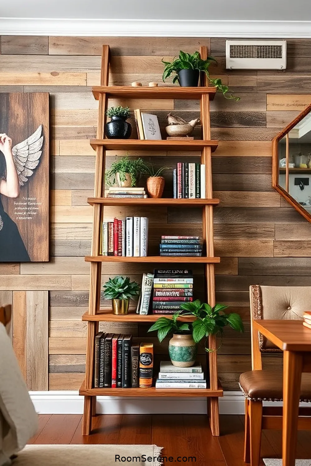 19 Creative Designs for Dining Room Workspaces Using Recycled Wood 10 DIY Wooden Ladder Bookshelf for 19 Creative Designs for Dining Room Workspaces Using Recycled Wood