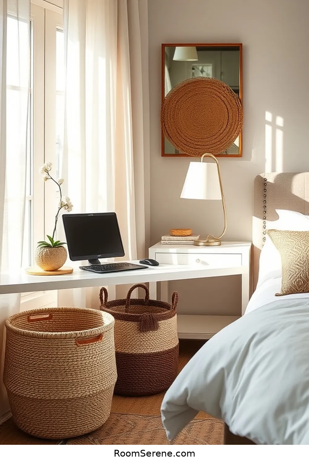 19 Inspiring Ways to Use Natural Fibers in Bedroom Workspace Design 14 Use Seagrass Storage Solutions for Versatility for 19 Inspiring Ways to Use Natural Fibers in Bedroom Workspace Design