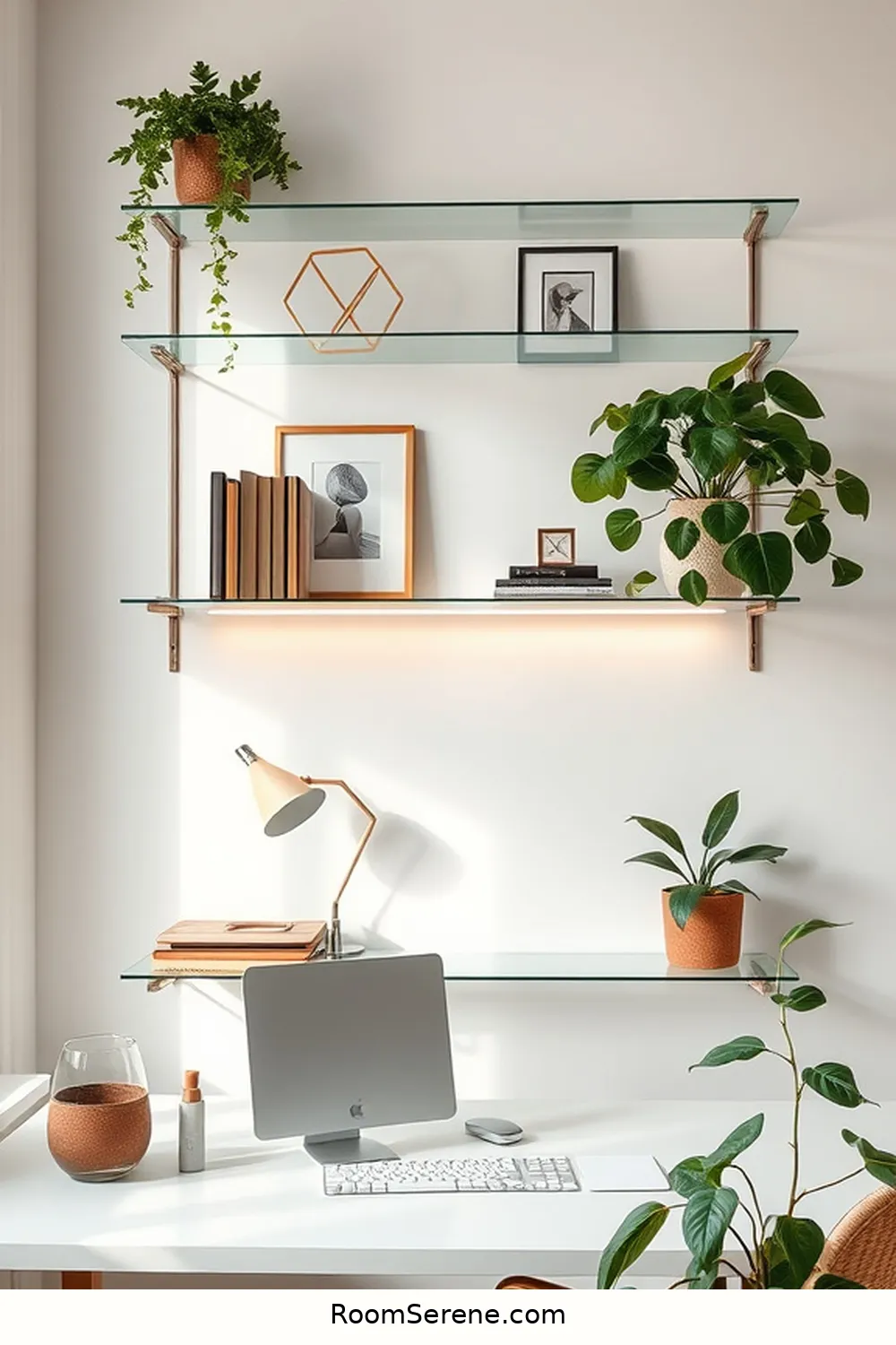19 Ways to Achieve Comfort and Coziness in Your Home Office Using Glass 5 Floating Glass Shelves for a Minimalist Touch for 19 Ways to Achieve Comfort and Coziness in Your Home Office Using Glass