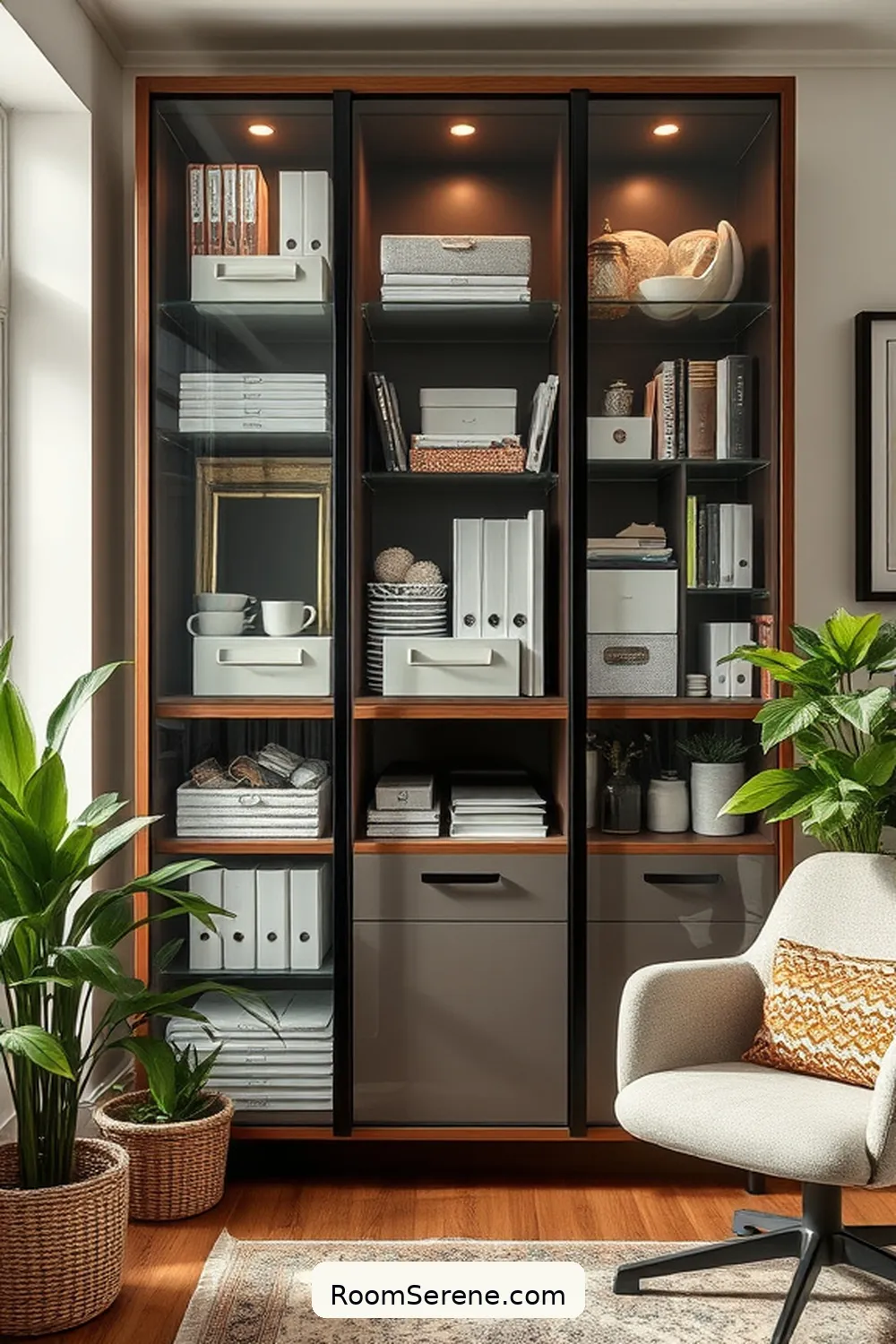 19 Ways to Achieve Comfort and Coziness in Your Home Office Using Glass 10 Glass Cabinets for Organized Storage for 19 Ways to Achieve Comfort and Coziness in Your Home Office Using Glass