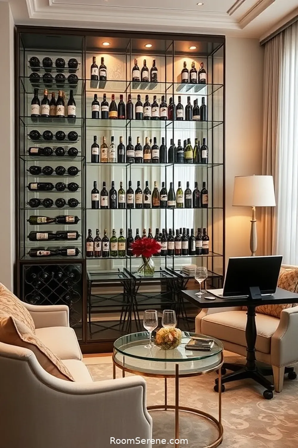 19 Ways to Achieve Comfort and Coziness in Your Home Office Using Glass 19 Glass Wine Racks for a Relaxing Break Area for 19 Ways to Achieve Comfort and Coziness in Your Home Office Using Glass