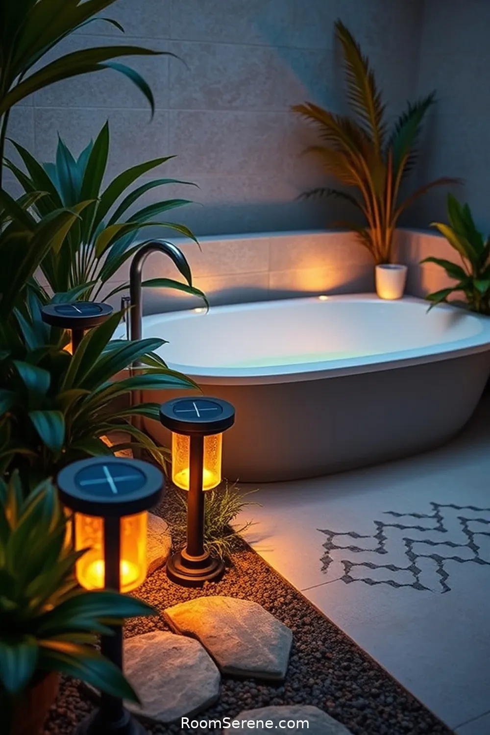 19 Ways to Create Comfort and Coziness in Your Bathroom Using Solar-Powered Lights 7 Place Solar Pathway Lights Near Bathtubs for 19 Ways to Create Comfort and Coziness in Your Bathroom Using Solar-Powered Lights