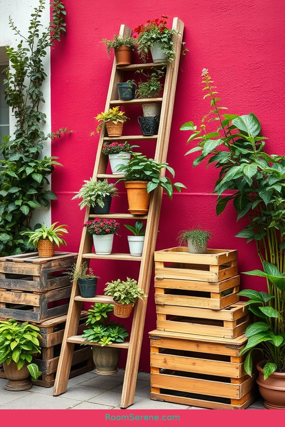 20 Creative Storage Solutions for Outdoor Patios Using Recycled Wood 8 Vintage Ladder as a Plant Stand and Storage for 20 Creative Storage Solutions for Outdoor Patios Using Recycled Wood
