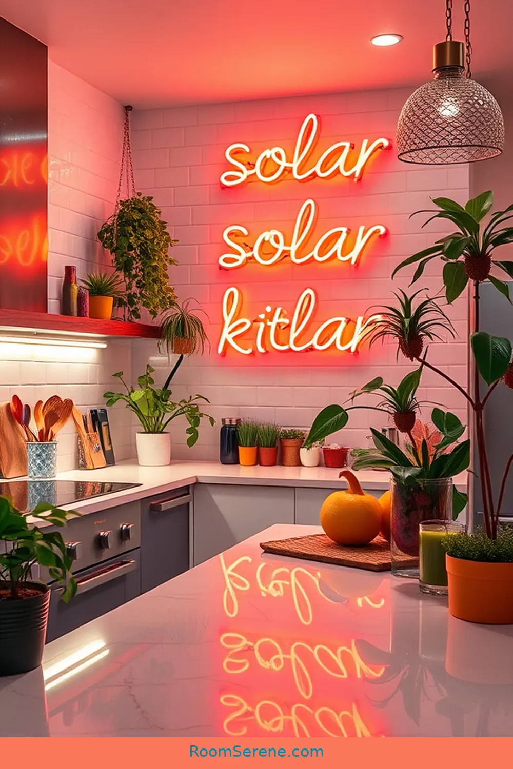 Artistic Kitchen With Solar Neon Signs for 20 Inspiring Multi-Use Kitchen Spaces Using Solar-Powered Lights