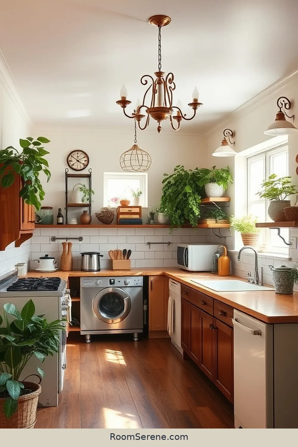 Vintage-Inspired Kitchen With Solar-Charged Chandeliers for 20 Inspiring Multi-Use Kitchen Spaces Using Solar-Powered Lights