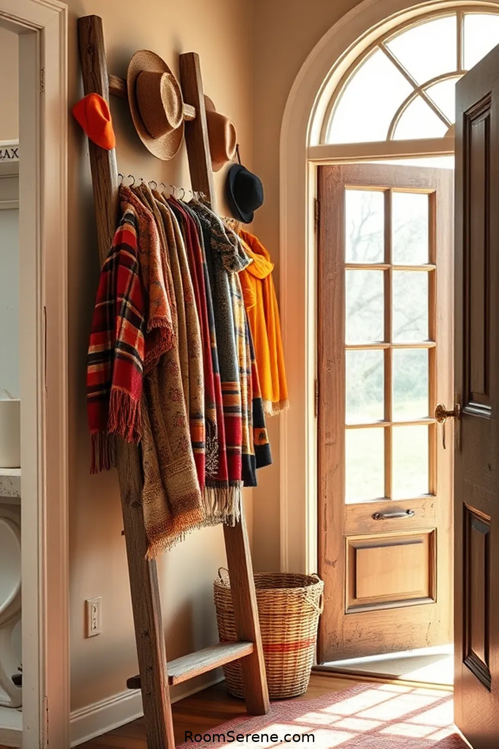 21 Creative Organization Ideas for Your Entryway Using Recycled Wood 18 Rustic Ladder for Scarves and Hats for 21 Creative Organization Ideas for Your Entryway Using Recycled Wood