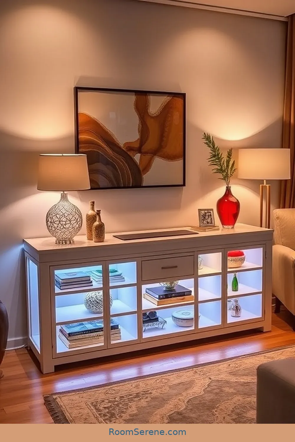 Console Tables With Solar-Powered Underlighting for 22 Creative Storage Solutions for Your Living Room Using Solar-Powered Lights