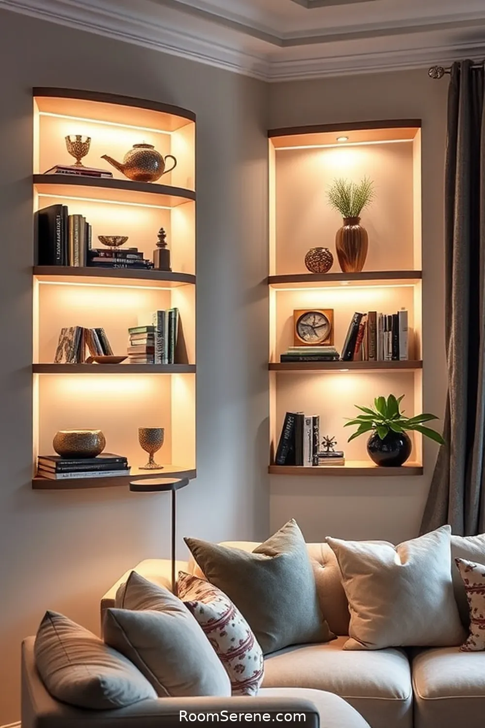 Corner Shelves With Ambient Solar Lighting for 22 Creative Storage Solutions for Your Living Room Using Solar-Powered Lights