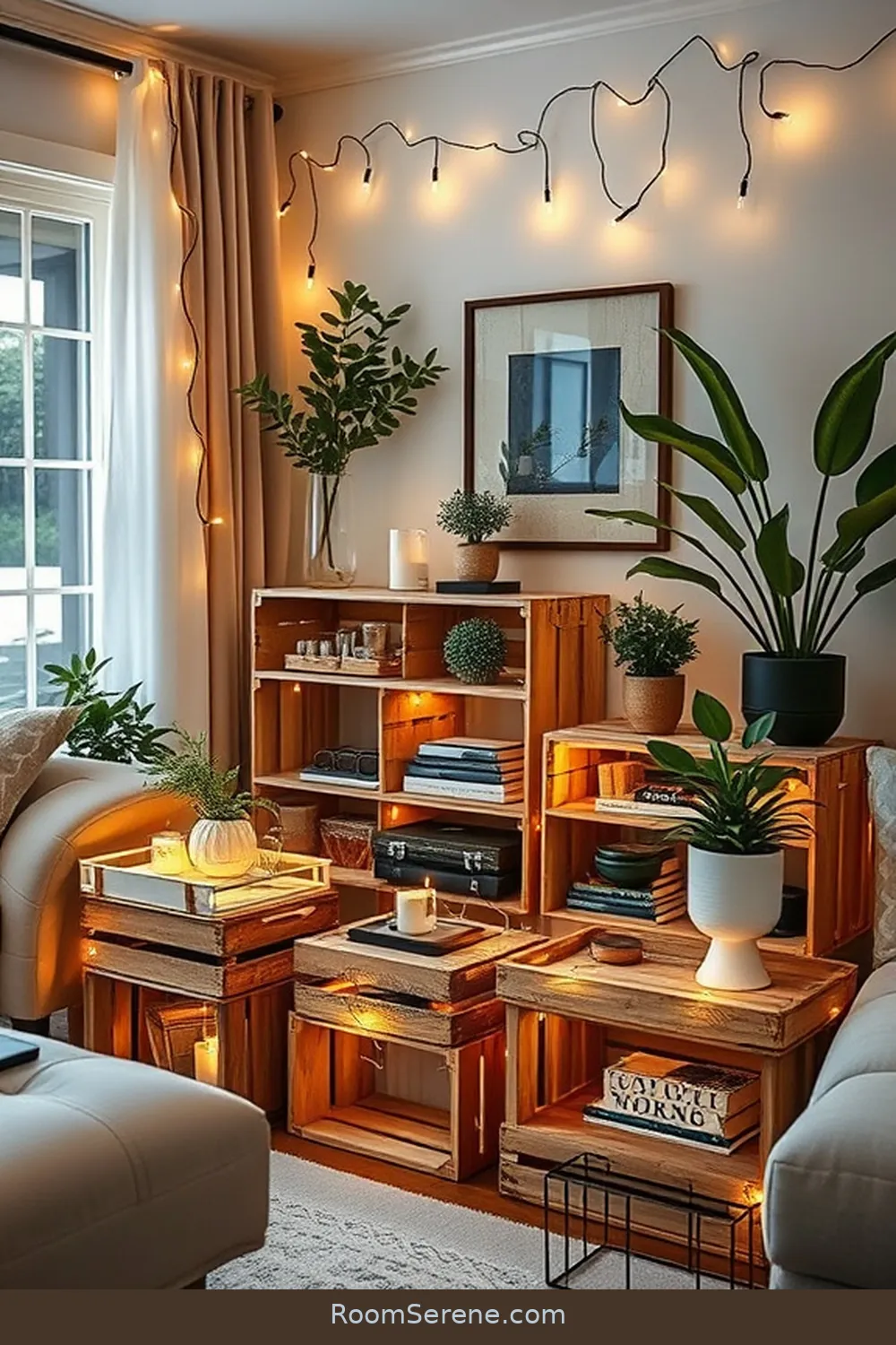 Repurposed Crates as Stylish Storage Units for 22 Creative Storage Solutions for Your Living Room Using Solar-Powered Lights