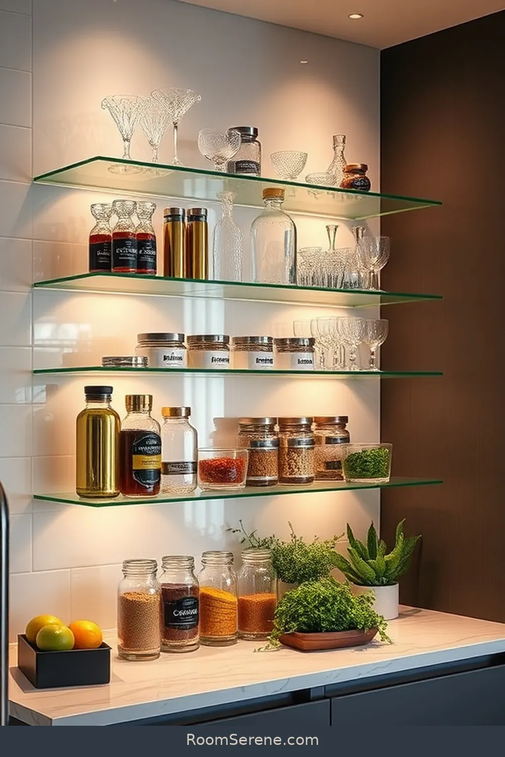 22 Innovative Ways to Use Glass in Kitchen Workspace Design 4 Glass Shelving for 22 Innovative Ways to Use Glass in Kitchen Workspace Design