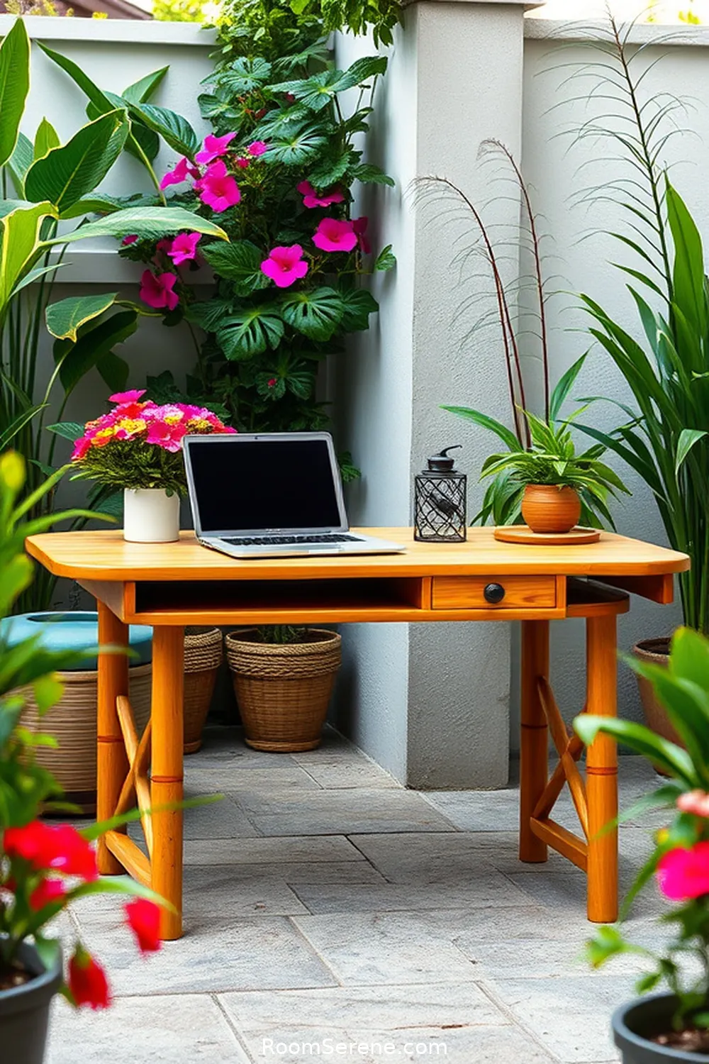 Bamboo Desk With Natural Finish for 22 Inspiring Workspace Designs for Outdoor Patios Using Natural Fibers
