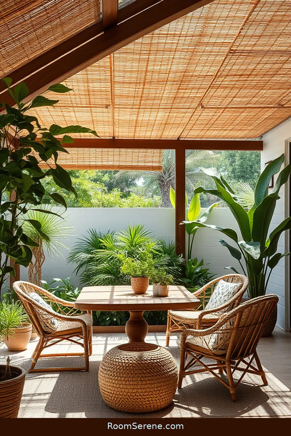 Bamboo Shades for Sun Protection for 22 Inspiring Workspace Designs for Outdoor Patios Using Natural Fibers