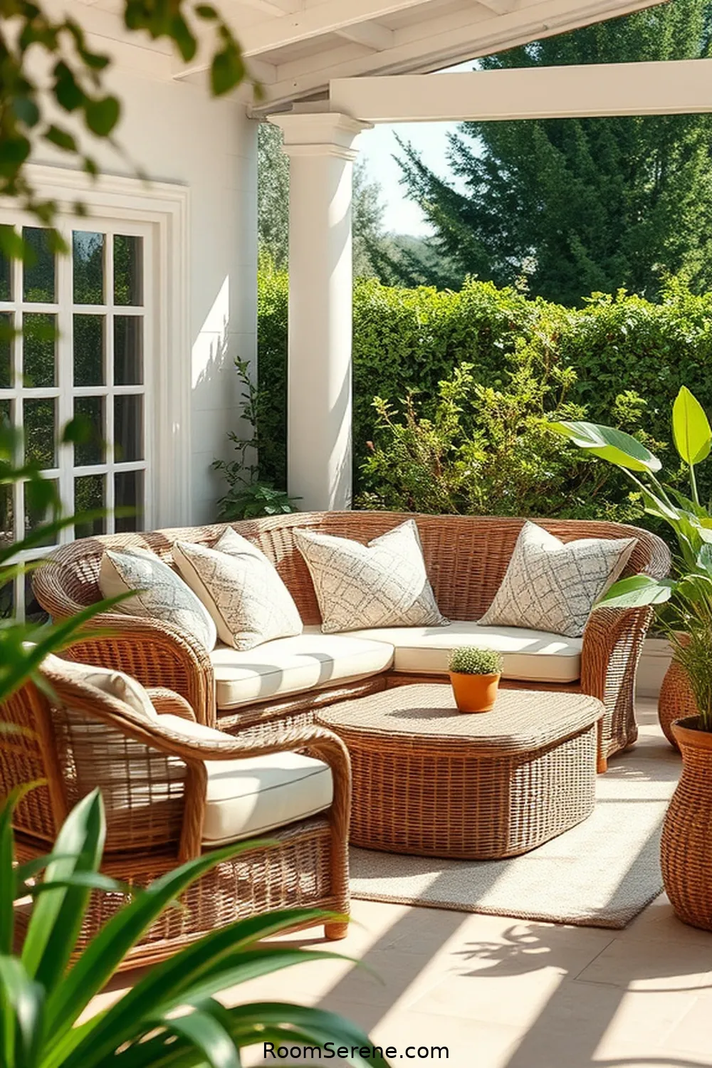 Cozy Wicker Lounge Set for 22 Inspiring Workspace Designs for Outdoor Patios Using Natural Fibers