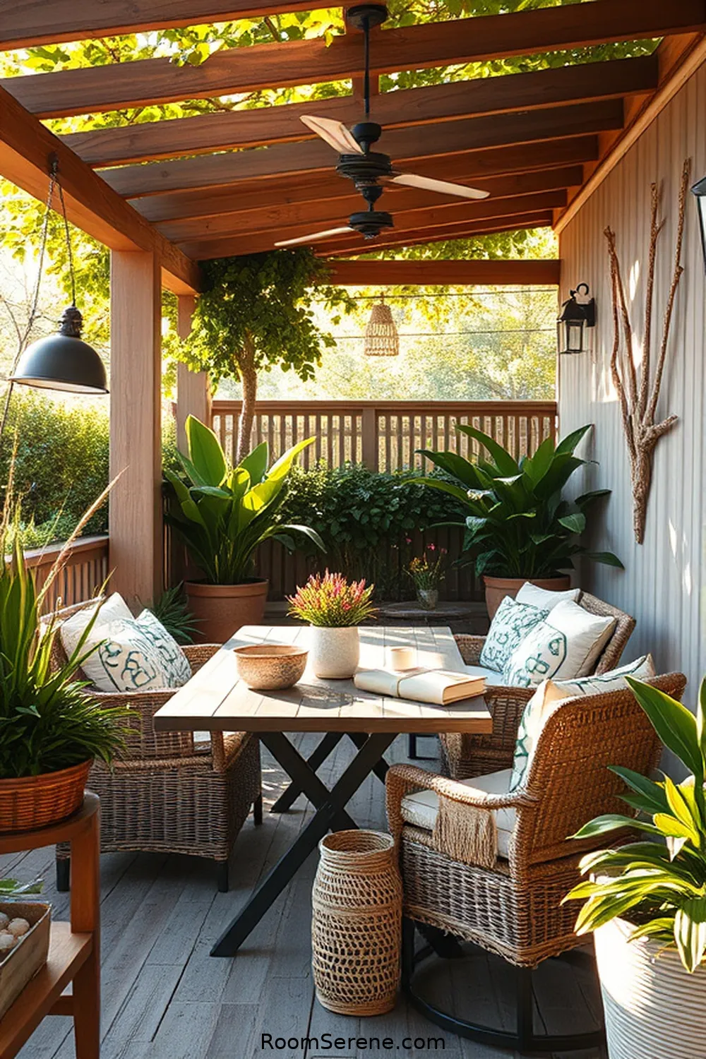 Decorative Driftwood Accents for 22 Inspiring Workspace Designs for Outdoor Patios Using Natural Fibers
