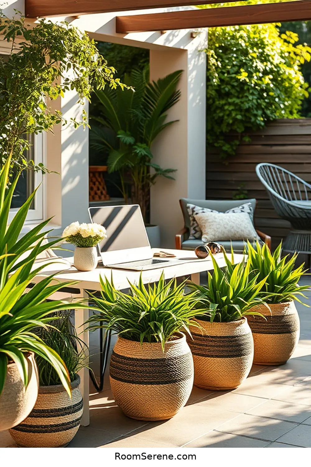 Eco-Friendly Planters for 22 Inspiring Workspace Designs for Outdoor Patios Using Natural Fibers