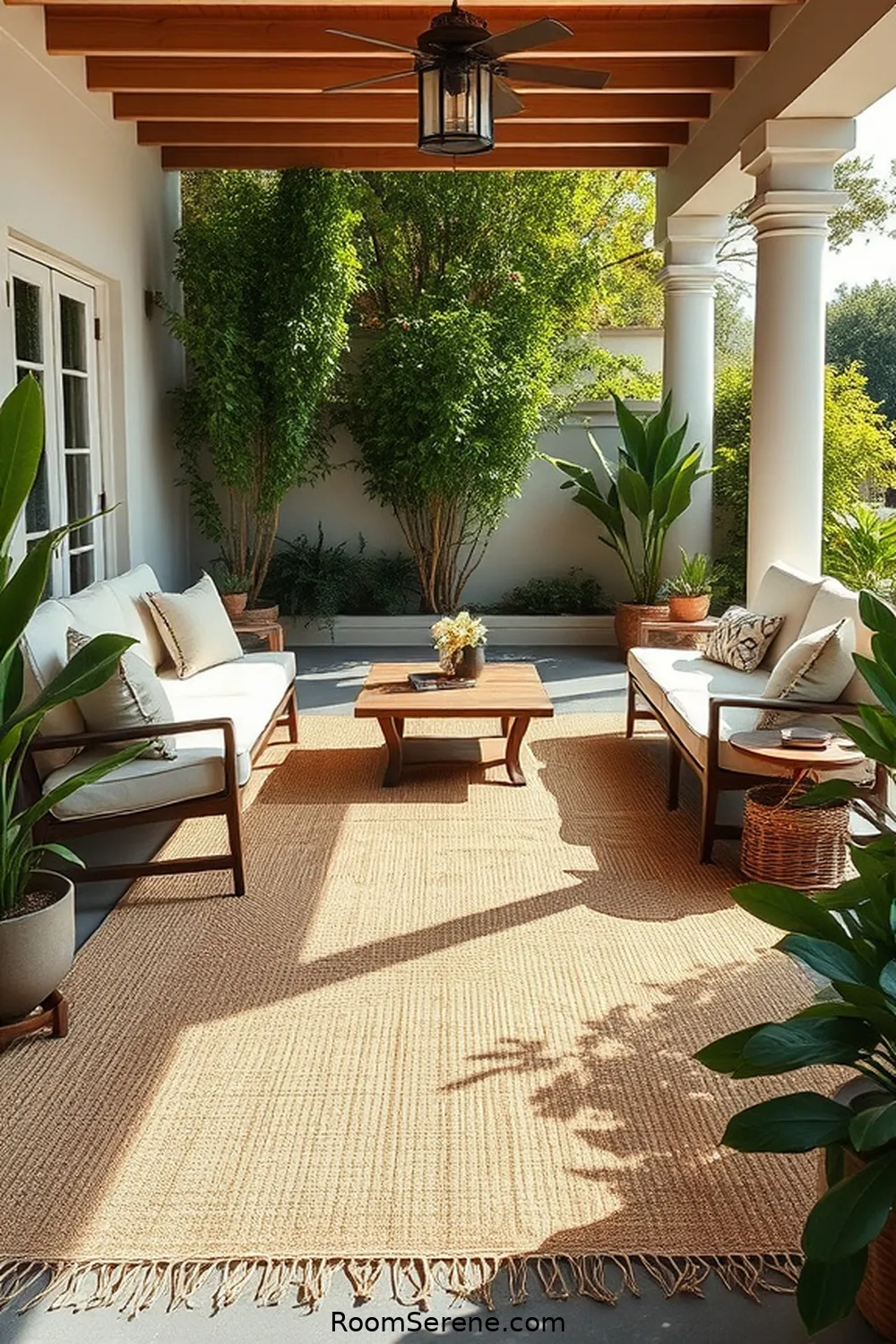 Jute Area Rug for Comfort for 22 Inspiring Workspace Designs for Outdoor Patios Using Natural Fibers