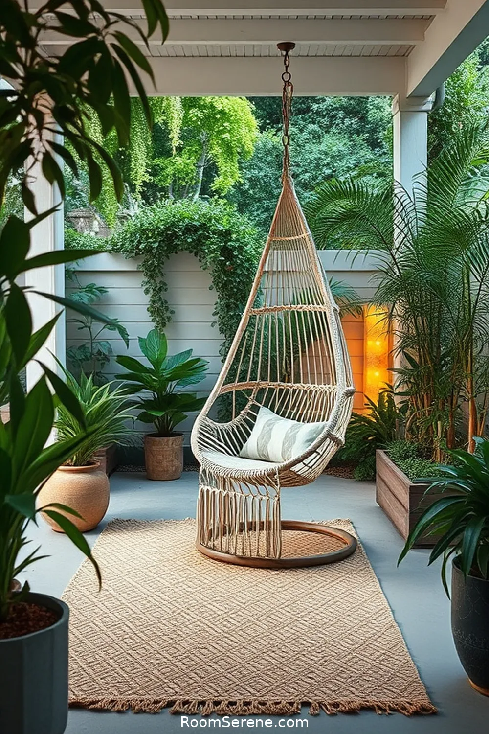 Macrame Hanging Chair for 22 Inspiring Workspace Designs for Outdoor Patios Using Natural Fibers