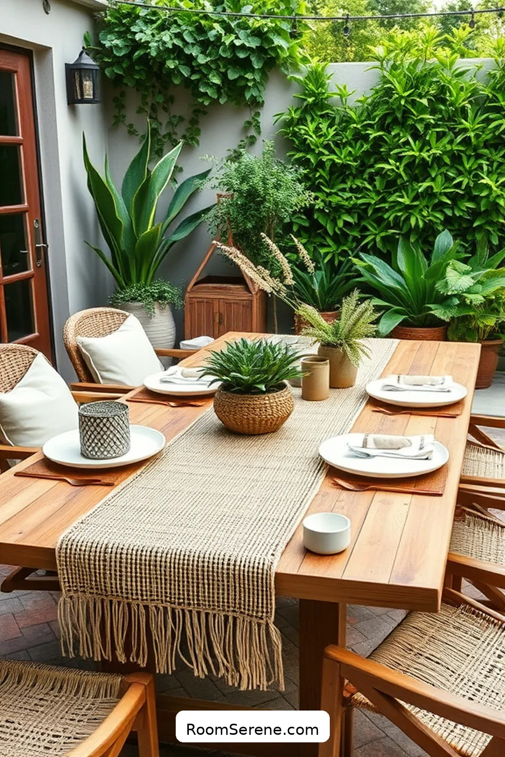 Natural Fiber Table Runner for 22 Inspiring Workspace Designs for Outdoor Patios Using Natural Fibers