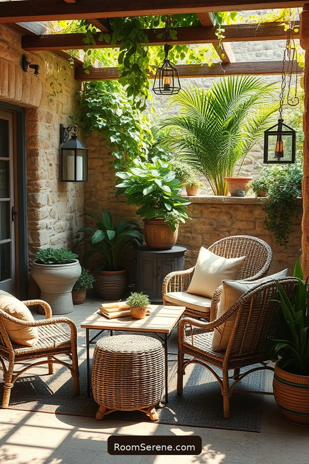 Rustic Charm With Stone Elements for 22 Inspiring Workspace Designs for Outdoor Patios Using Natural Fibers