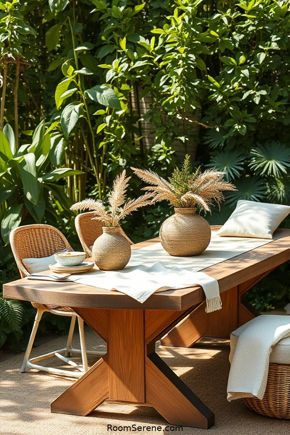 Rustic Wooden Table for 22 Inspiring Workspace Designs for Outdoor Patios Using Natural Fibers