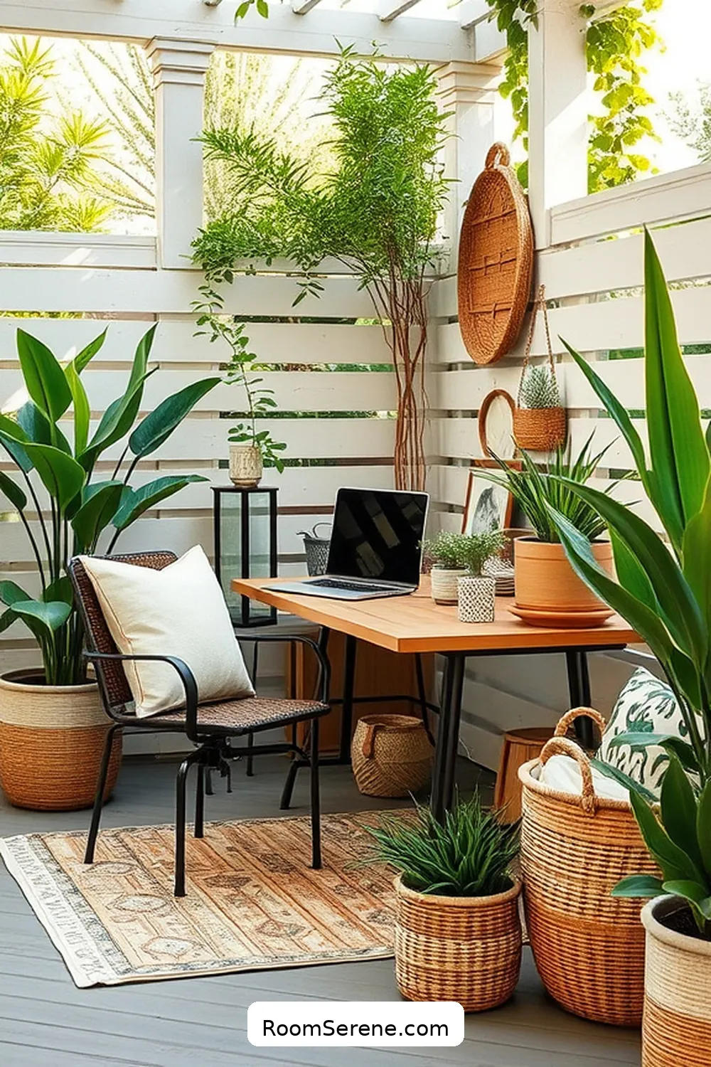 Seagrass Basket Organizers for 22 Inspiring Workspace Designs for Outdoor Patios Using Natural Fibers