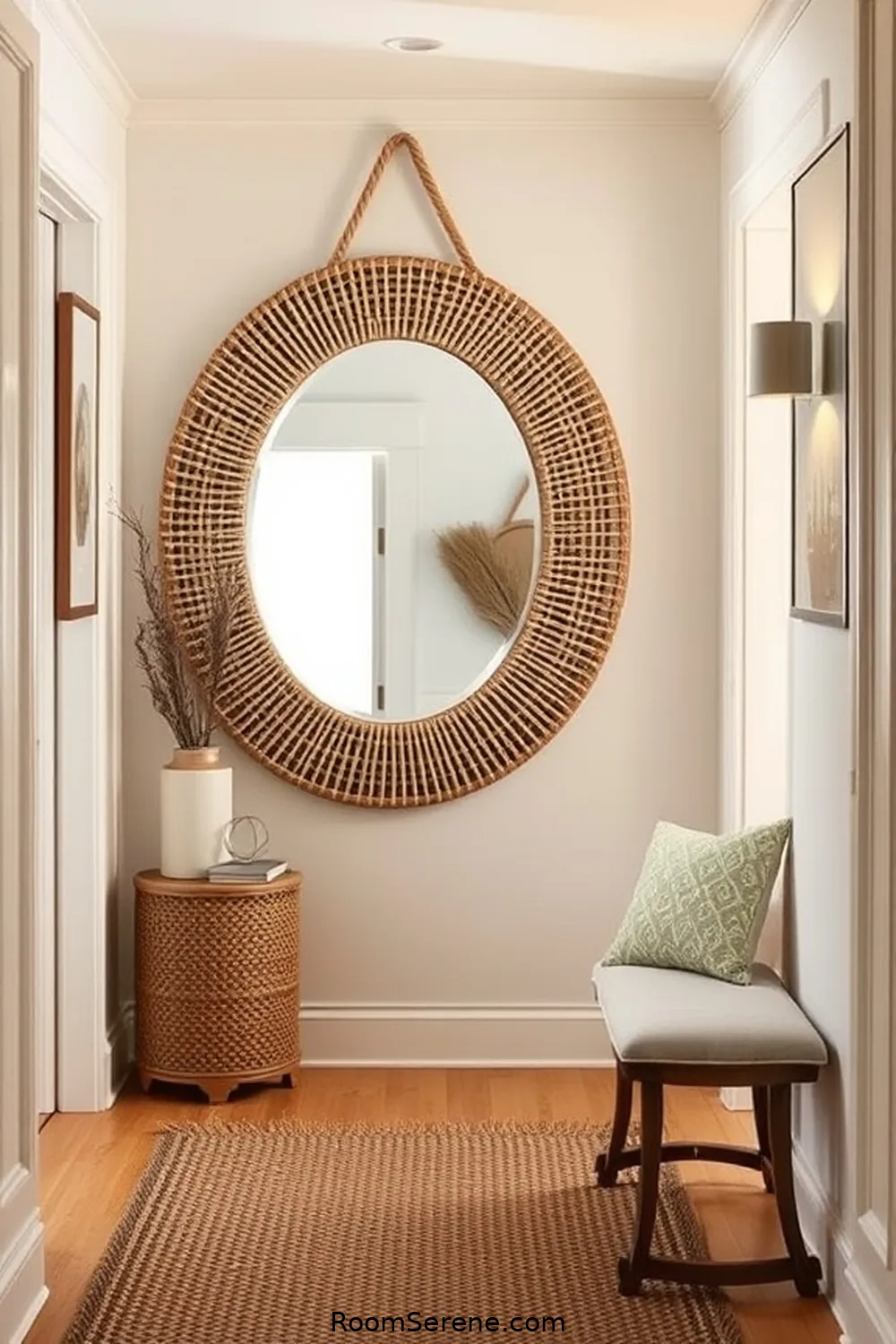 22 Ways to Create Comfort and Coziness in Your Hallway Using Natural Fibers 9 Hang a Woven Mirror for 22 Ways to Create Comfort and Coziness in Your Hallway Using Natural Fibers