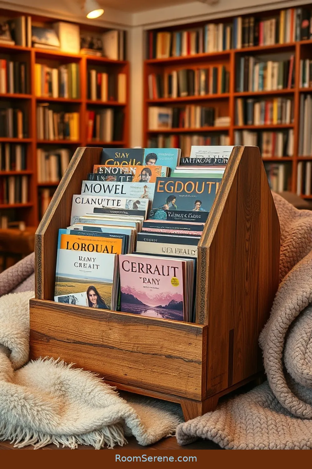 22 Ways to Create Comfort and Coziness in Your Library Using Recycled Wood 20 Recycled Wood Magazine Rack for 22 Ways to Create Comfort and Coziness in Your Library Using Recycled Wood