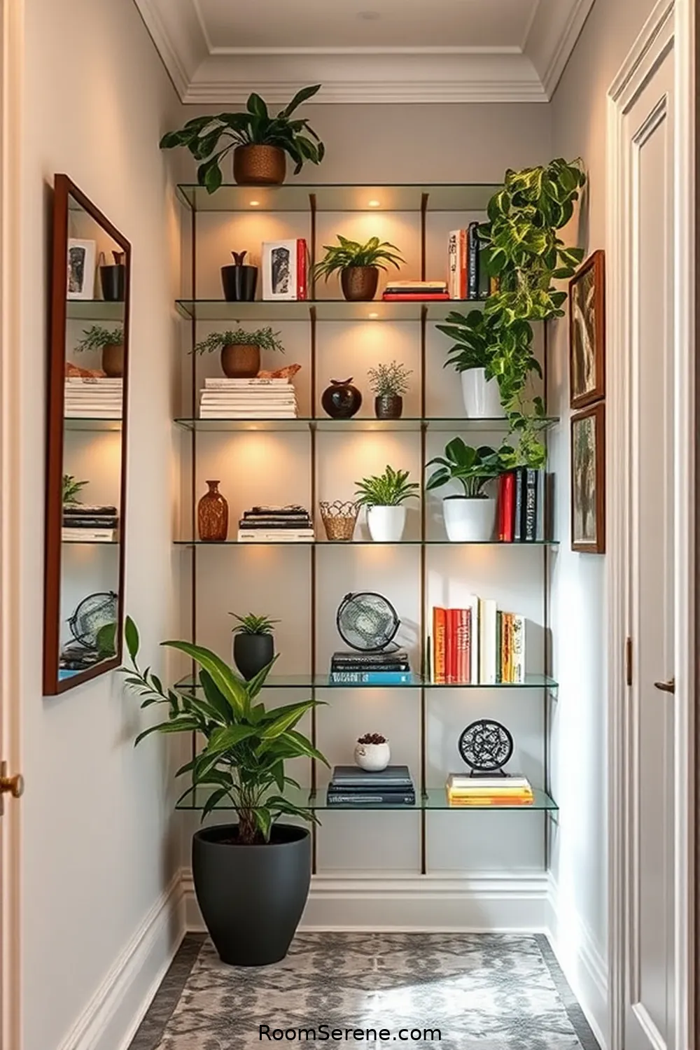 22 Ways to Enhance Comfort and Coziness in Your Hallway Using Glass 3 Incorporate Glass Shelving for Display for 22 Ways to Enhance Comfort and Coziness in Your Hallway Using Glass