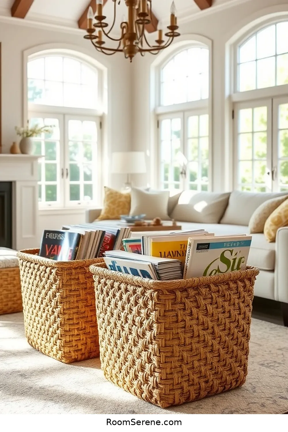 Woven Magazine Holders for Clutter Control for 23 Stylish Ways for Living Room Organization Using Natural Fibers