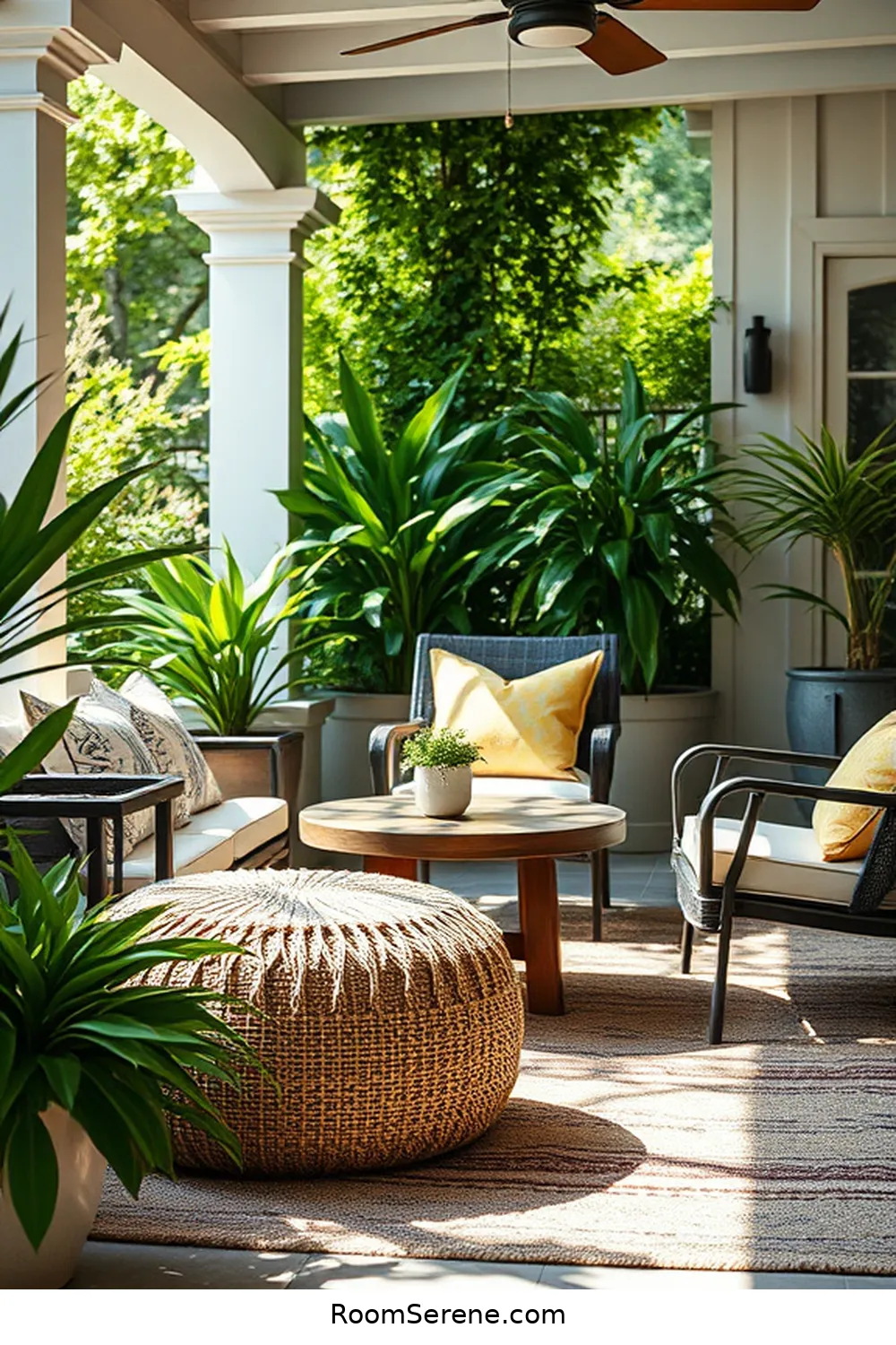 Add a Jute Pouf for Extra Seating for 23 Tips for Organizing Your Outdoor Patio Using Natural Fibers