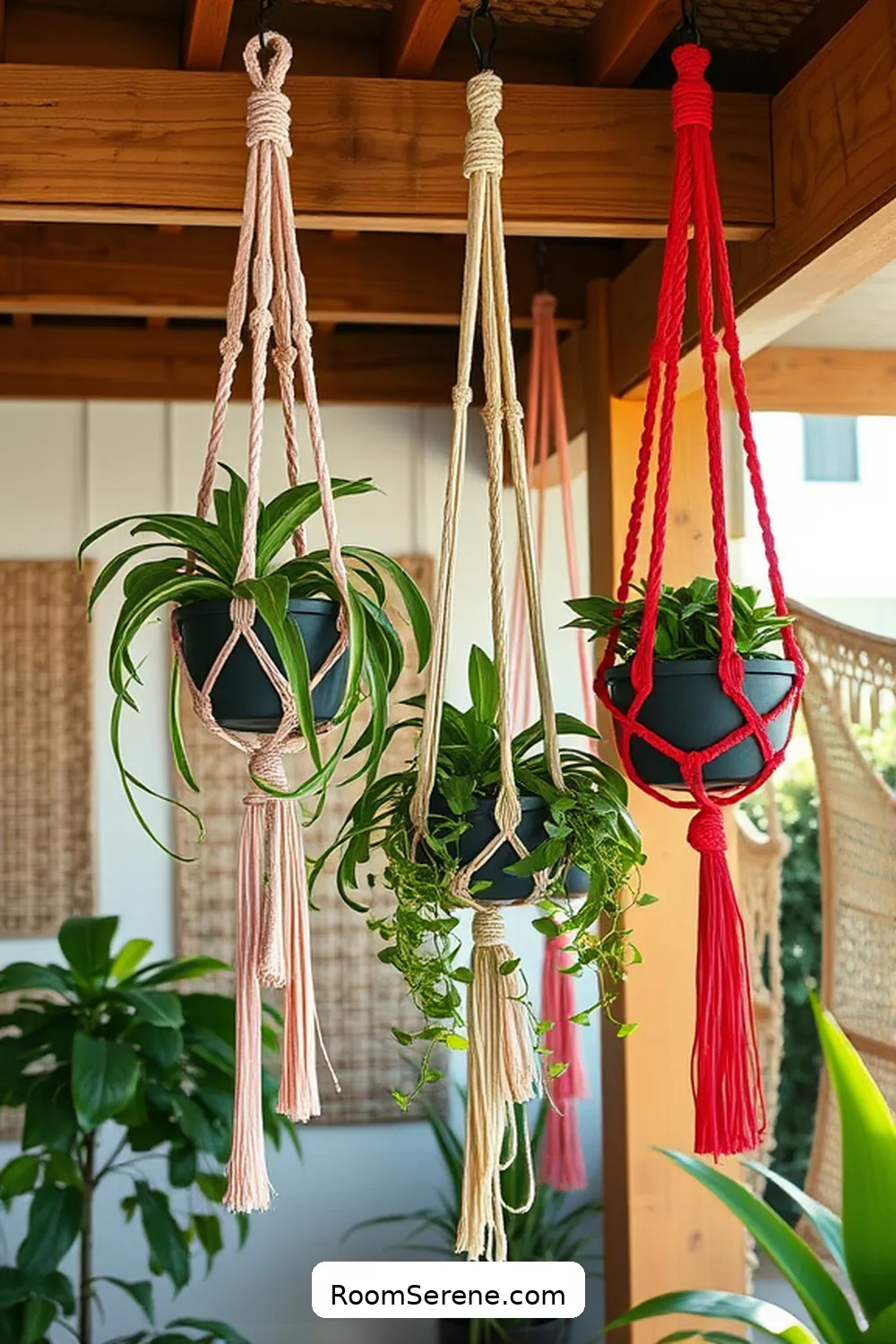 Hang Macrame Plant Hangers for Vertical Greenery for 23 Tips for Organizing Your Outdoor Patio Using Natural Fibers