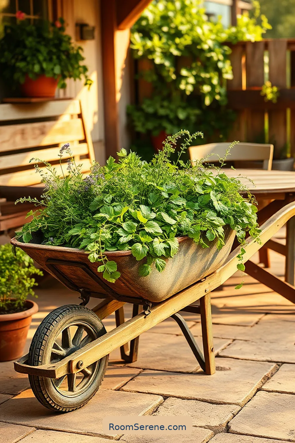Vintage Wheelbarrow Herb Garden for 23 Ways to Boost Energy Efficiency in an Outdoor Patio Using Reclaimed Materials