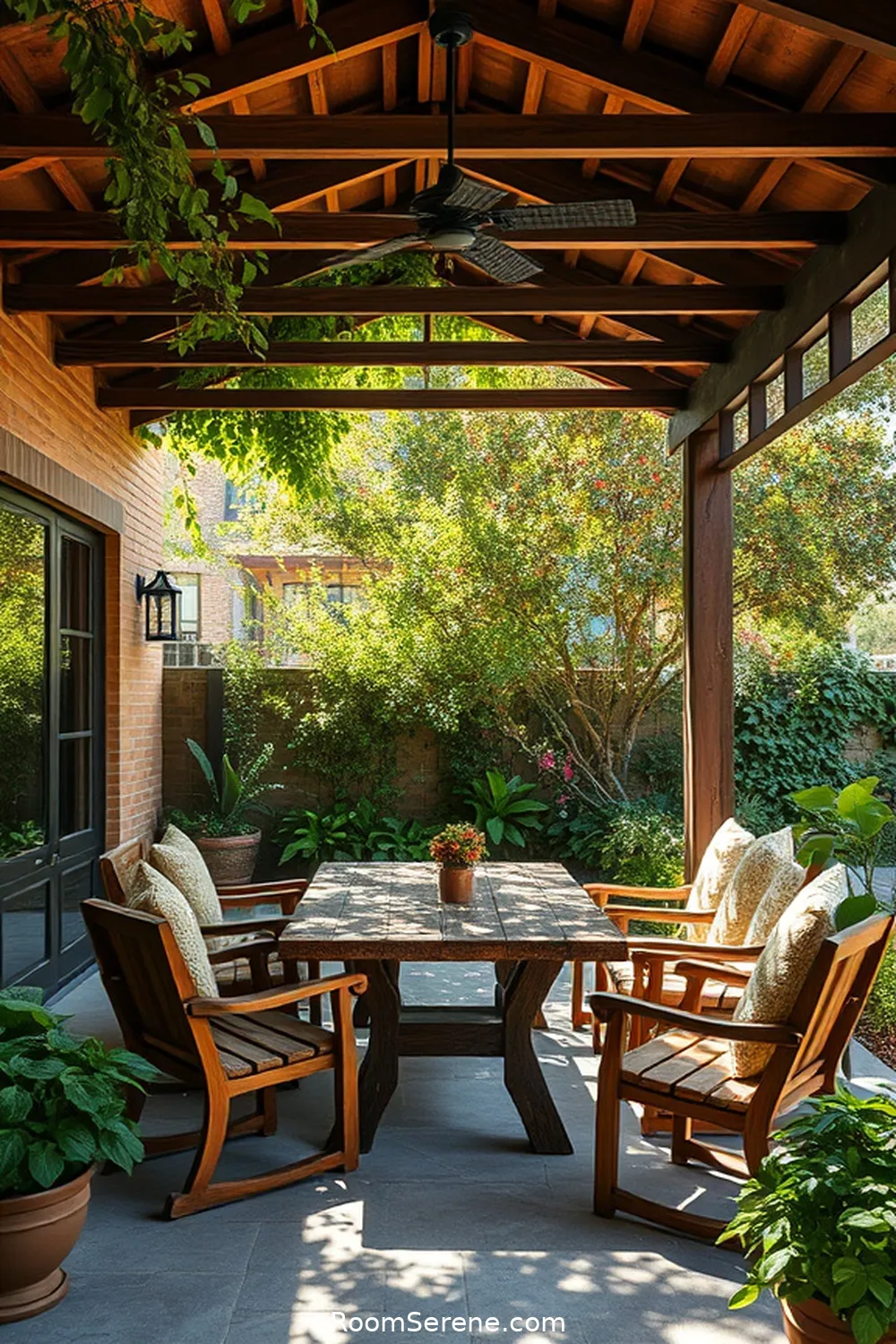 24 Inspiring Outdoor Patio Workspace Designs Using Recycled Wood 14 Open-Air Study Space With Rustic Overhead Beams for 24 Inspiring Outdoor Patio Workspace Designs Using Recycled Wood