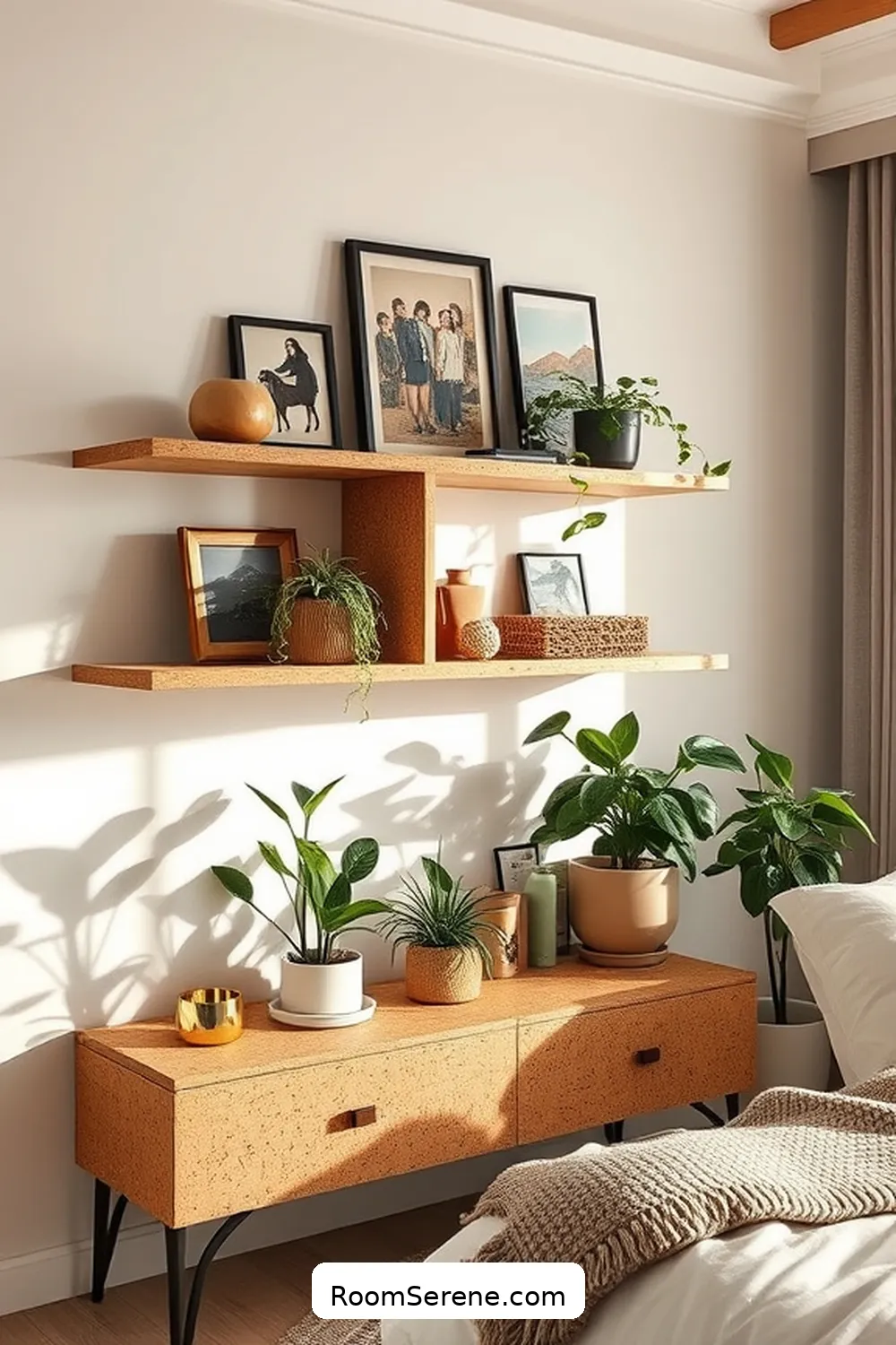24 Ways to Achieve Bedroom Comfort and Coziness Using Cork 20 Cork Shelves for Stylish Storage for 24 Ways to Achieve Bedroom Comfort and Coziness Using Cork