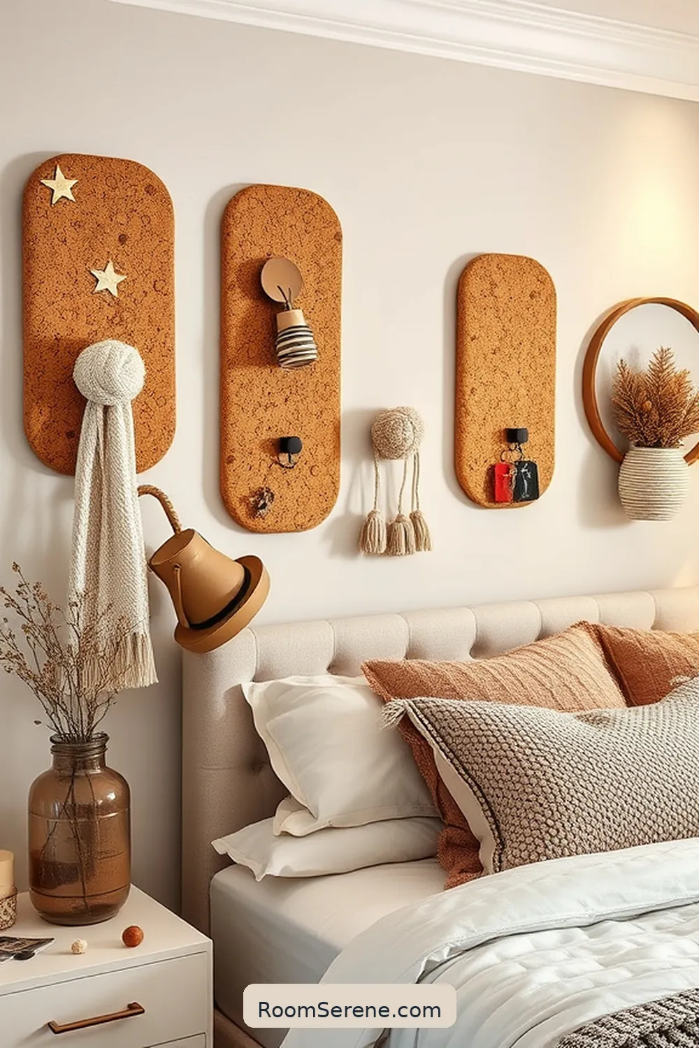 24 Ways to Achieve Bedroom Comfort and Coziness Using Cork 16 Cork Wall Hooks for Functional Decor for 24 Ways to Achieve Bedroom Comfort and Coziness Using Cork