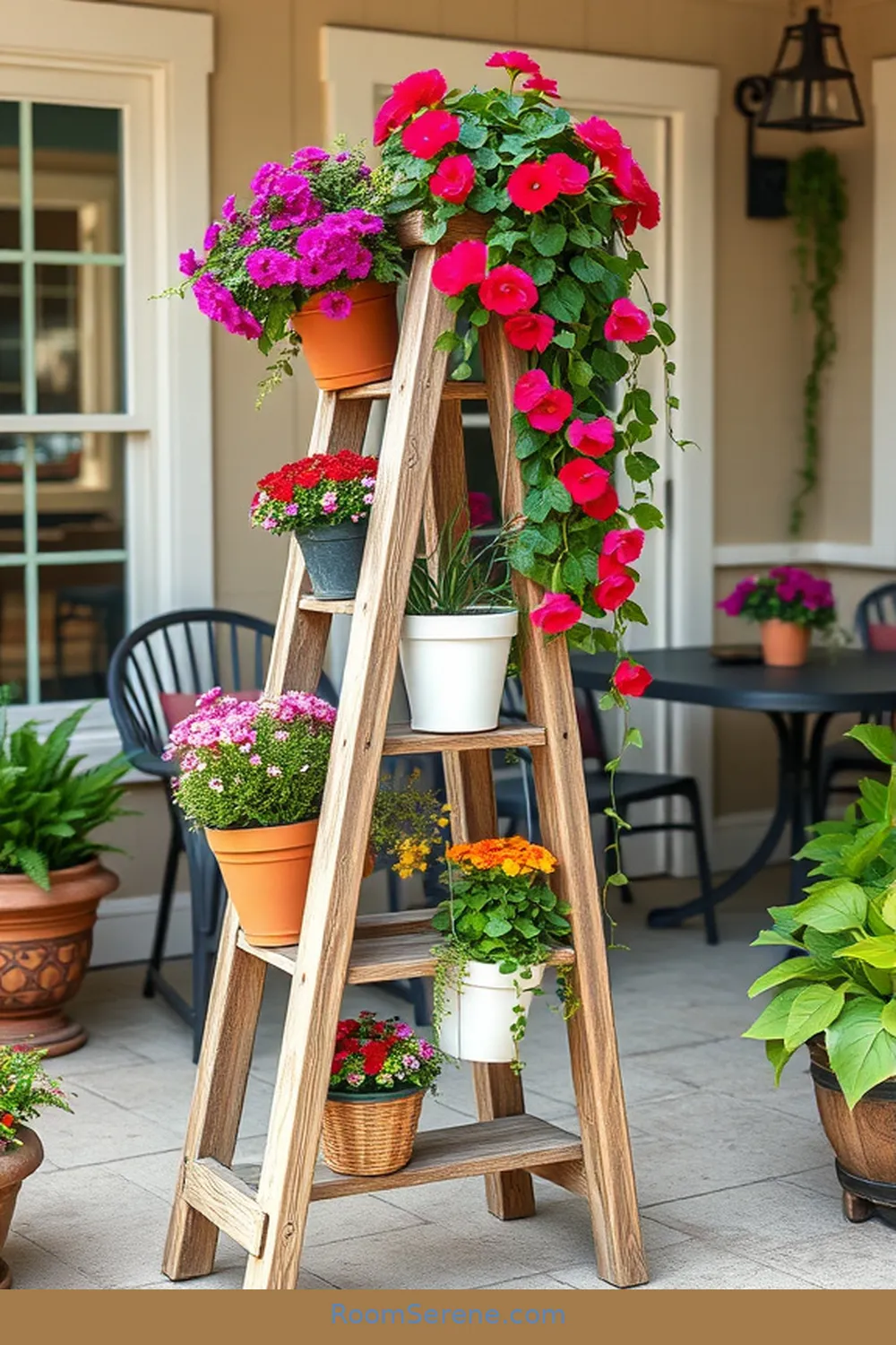 24 Ways to Create Comfort and Coziness on Your Outdoor Patio Using Reclaimed Materials 6 Repurposed Ladder Plant Stand for 24 Ways to Create Comfort and Coziness on Your Outdoor Patio Using Reclaimed Materials
