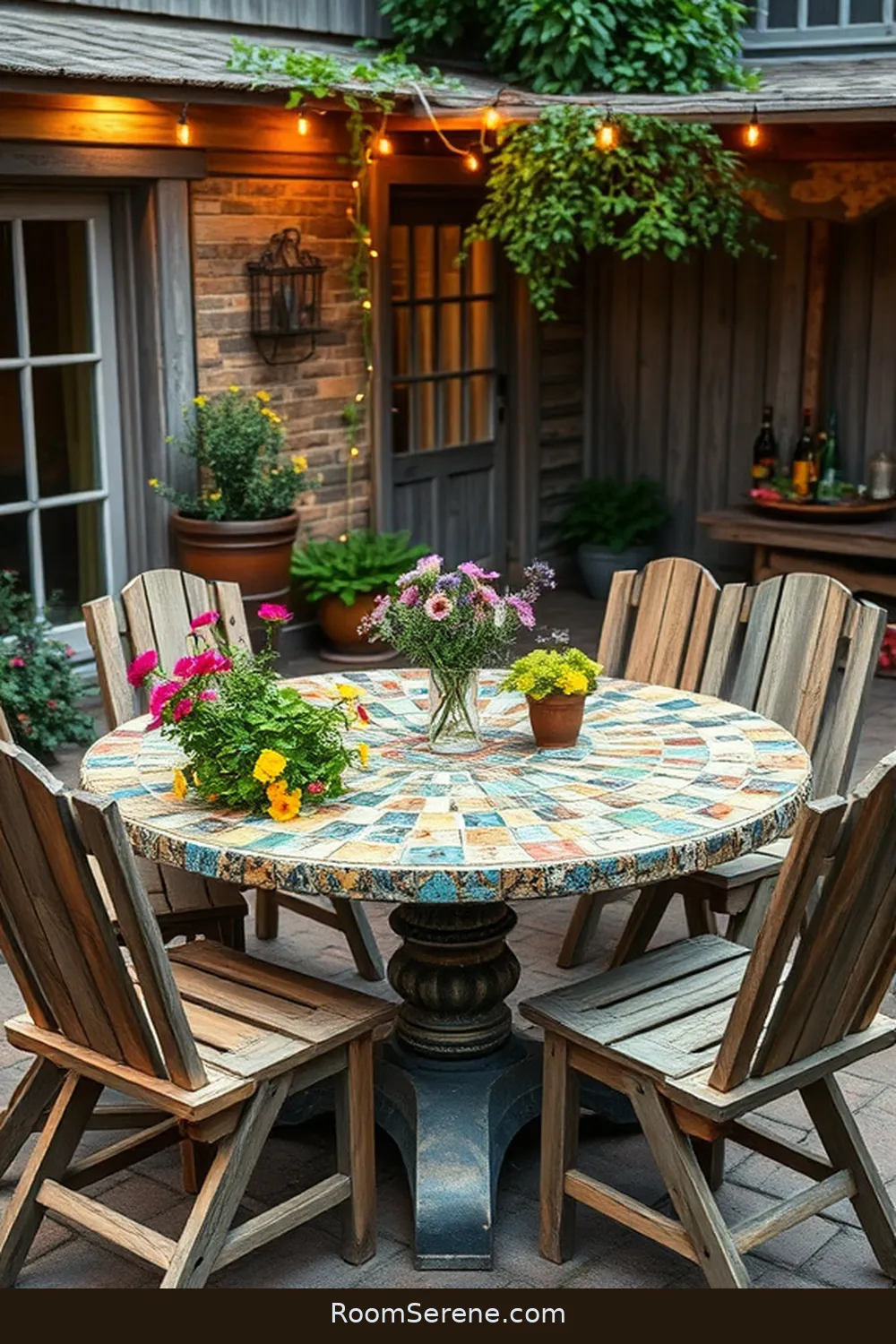 24 Ways to Create Comfort and Coziness on Your Outdoor Patio Using Reclaimed Materials 25 Salvaged Tile Mosaic Table for 24 Ways to Create Comfort and Coziness on Your Outdoor Patio Using Reclaimed Materials