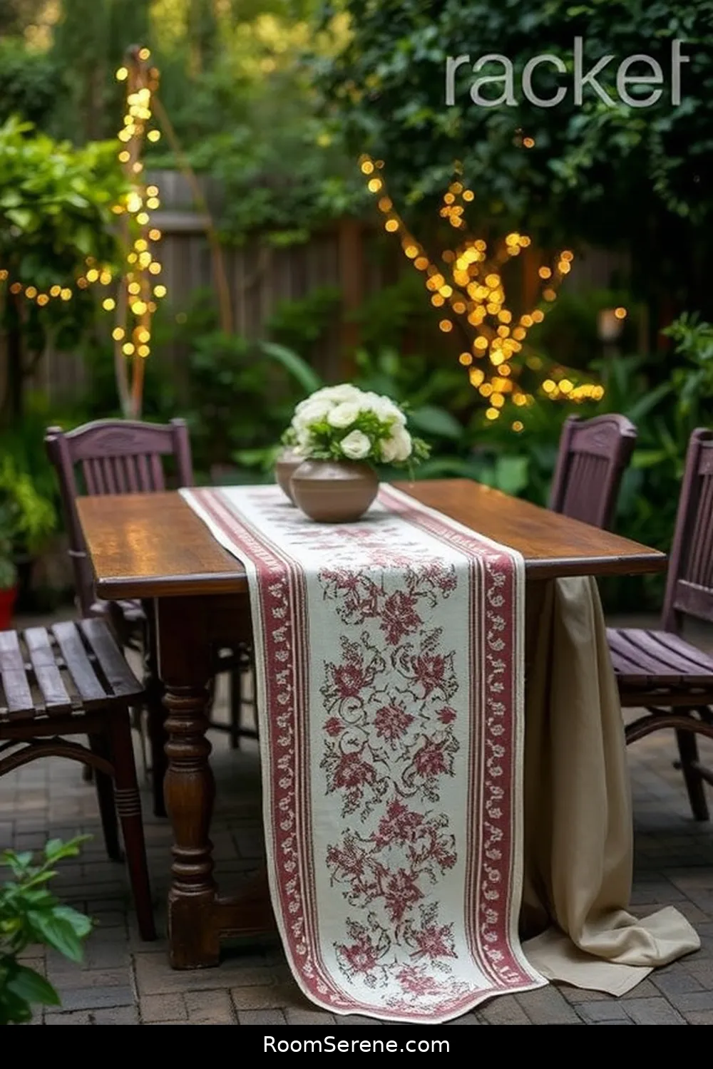 24 Ways to Create Comfort and Coziness on Your Outdoor Patio Using Reclaimed Materials 22 Vintage Tablecloth Table Runner for 24 Ways to Create Comfort and Coziness on Your Outdoor Patio Using Reclaimed Materials