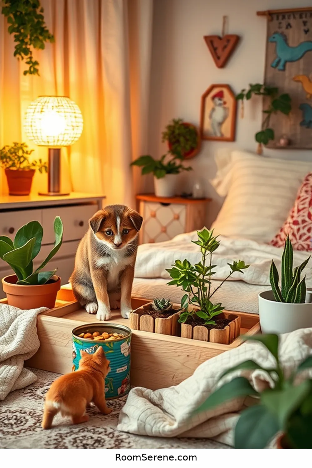 Upcycled Tin Cans for Pet Feeding Stations for 25 Creative Ways to Create a Pet-Friendly Bedroom Using Reclaimed Materials