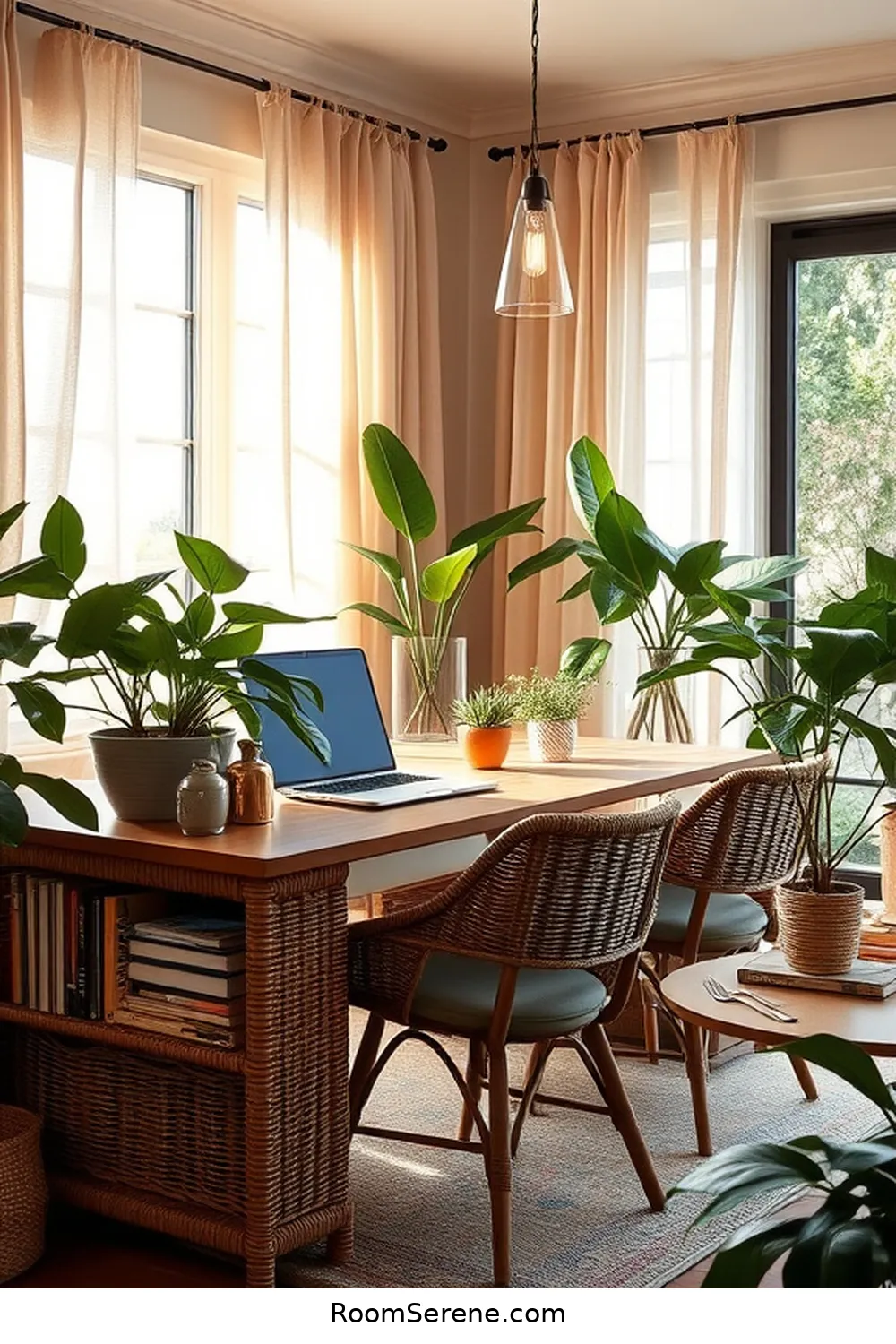 25 Inspiring Workspace Design Ideas for Your Dining Room Using Natural Fibers 12 Adding a Wicker Bookshelf for 25 Inspiring Workspace Design Ideas for Your Dining Room Using Natural Fibers