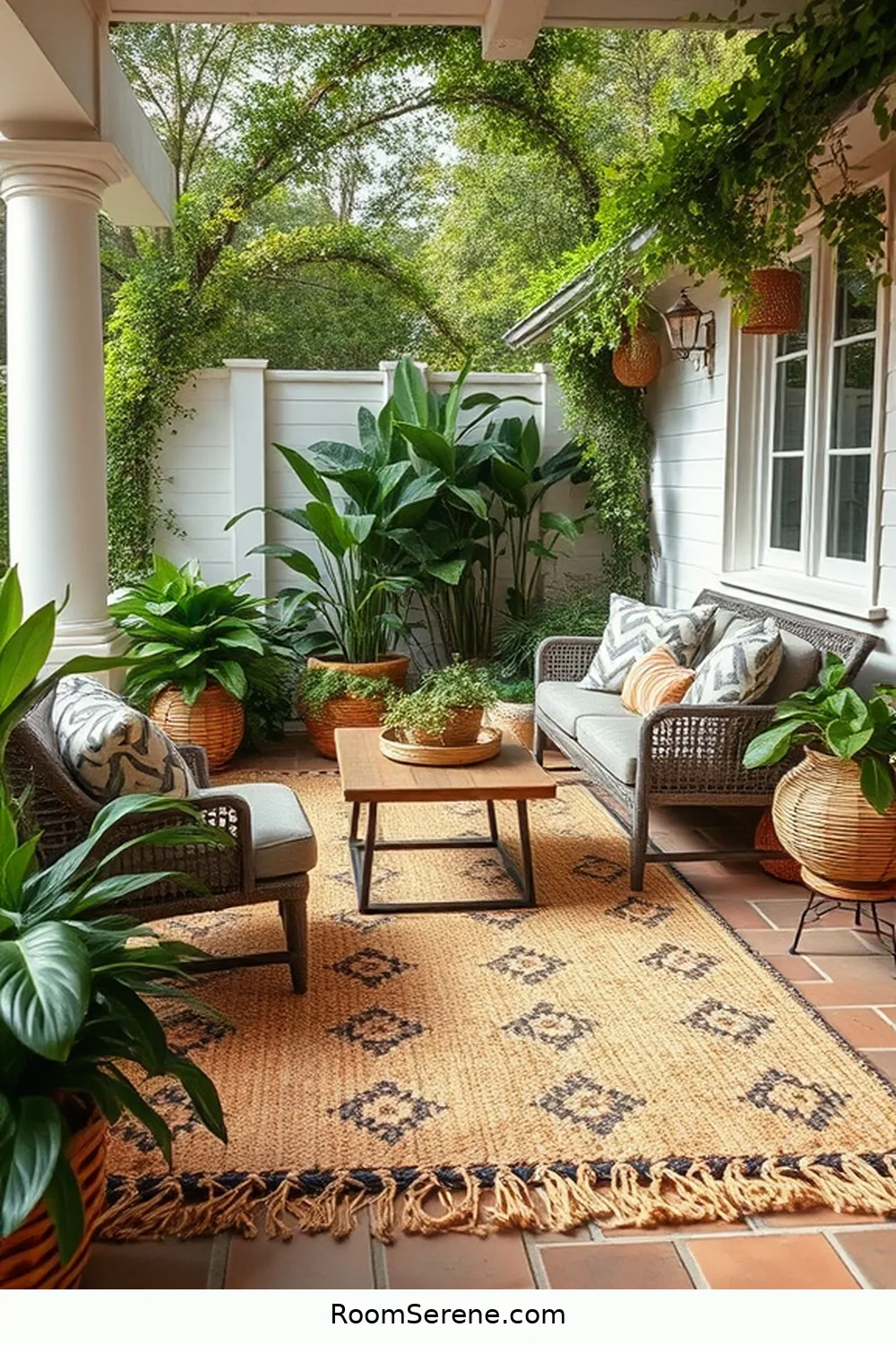 25 Tips for Achieving Outdoor Comfort and Coziness on Your Patio Using Natural Fibers 3 Incorporate Woven Rugs for 25 Tips for Achieving Outdoor Comfort and Coziness on Your Patio Using Natural Fibers