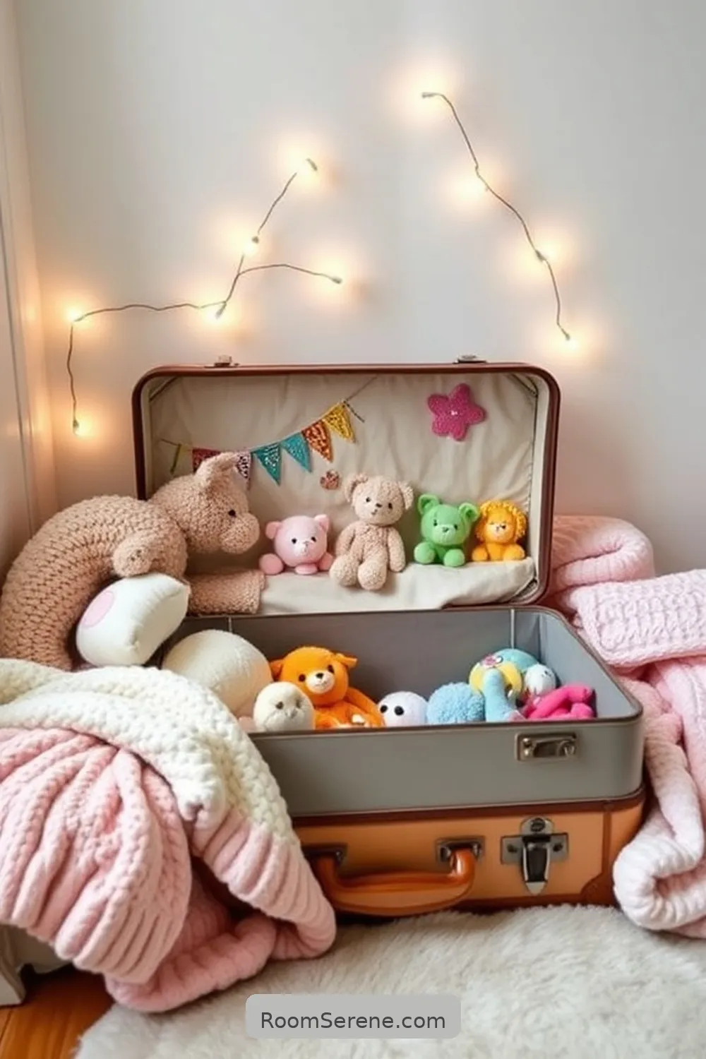 25 Ways to Create Comfort and Coziness in Your Nursery Using Reclaimed Materials 12 Vintage Suitcase Toy Storage for 25 Ways to Create Comfort and Coziness in Your Nursery Using Reclaimed Materials