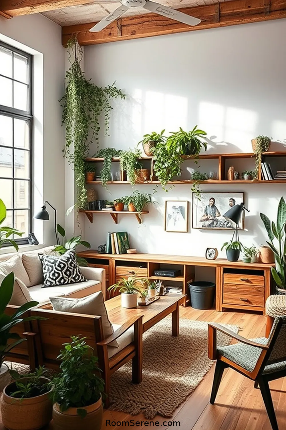 Incorporating Plants for a Fresh Touch for Transform Your Living Room With a Workspace Design Using Reclaimed Materials